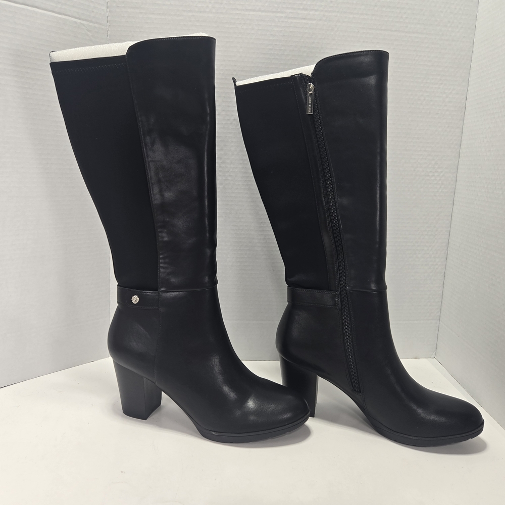 Anne Klein Rachel Knee High Black Elastic Calf Block Heeled Boots Size 9 1/2 9.5